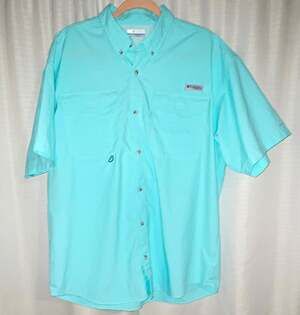 Columbia PFG Omni-Shade Men's L Light Blue Nylon Fishing Shirt Vent Pockets